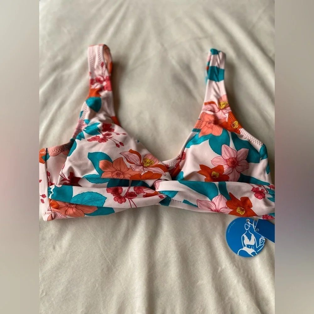 Cupshe Floral Bikini Top Pink Orange Teal Twist Front – Size Small NWT